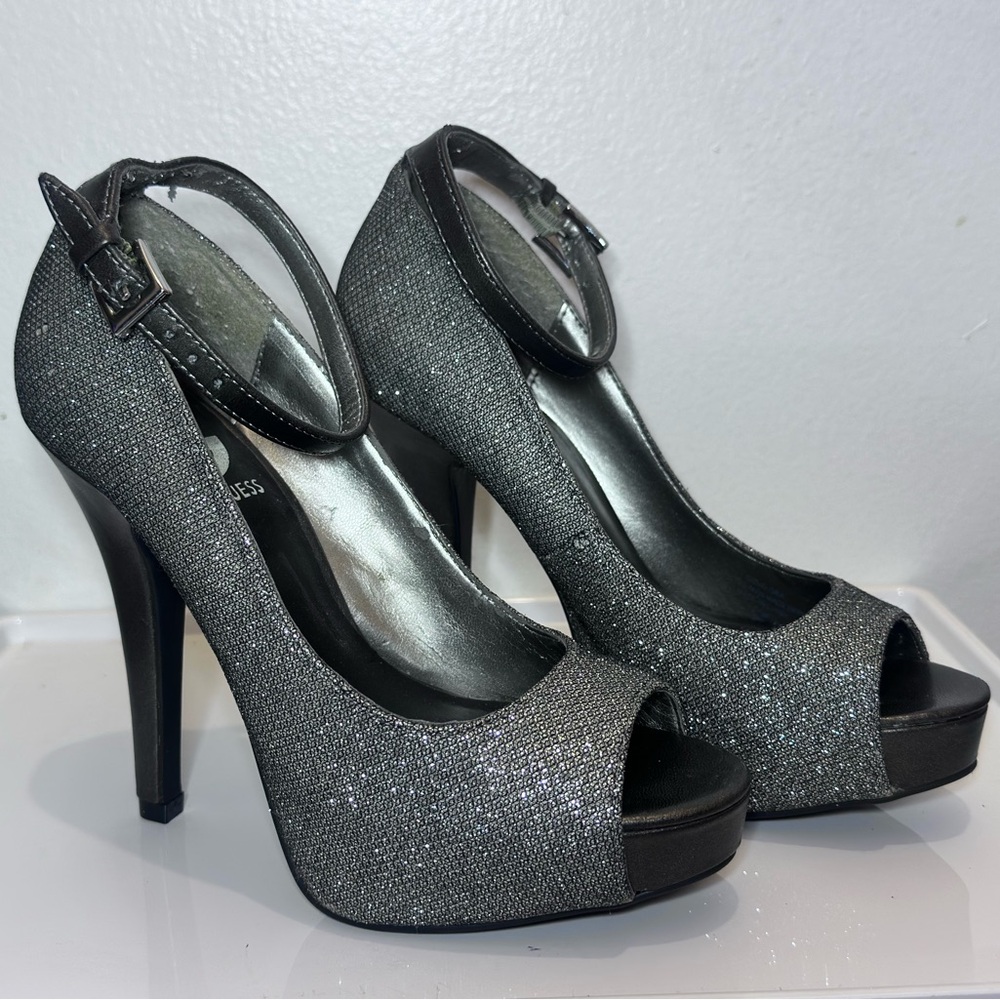 G by Guess Silver Glitter Peep-Toe Ankle Strap Heels